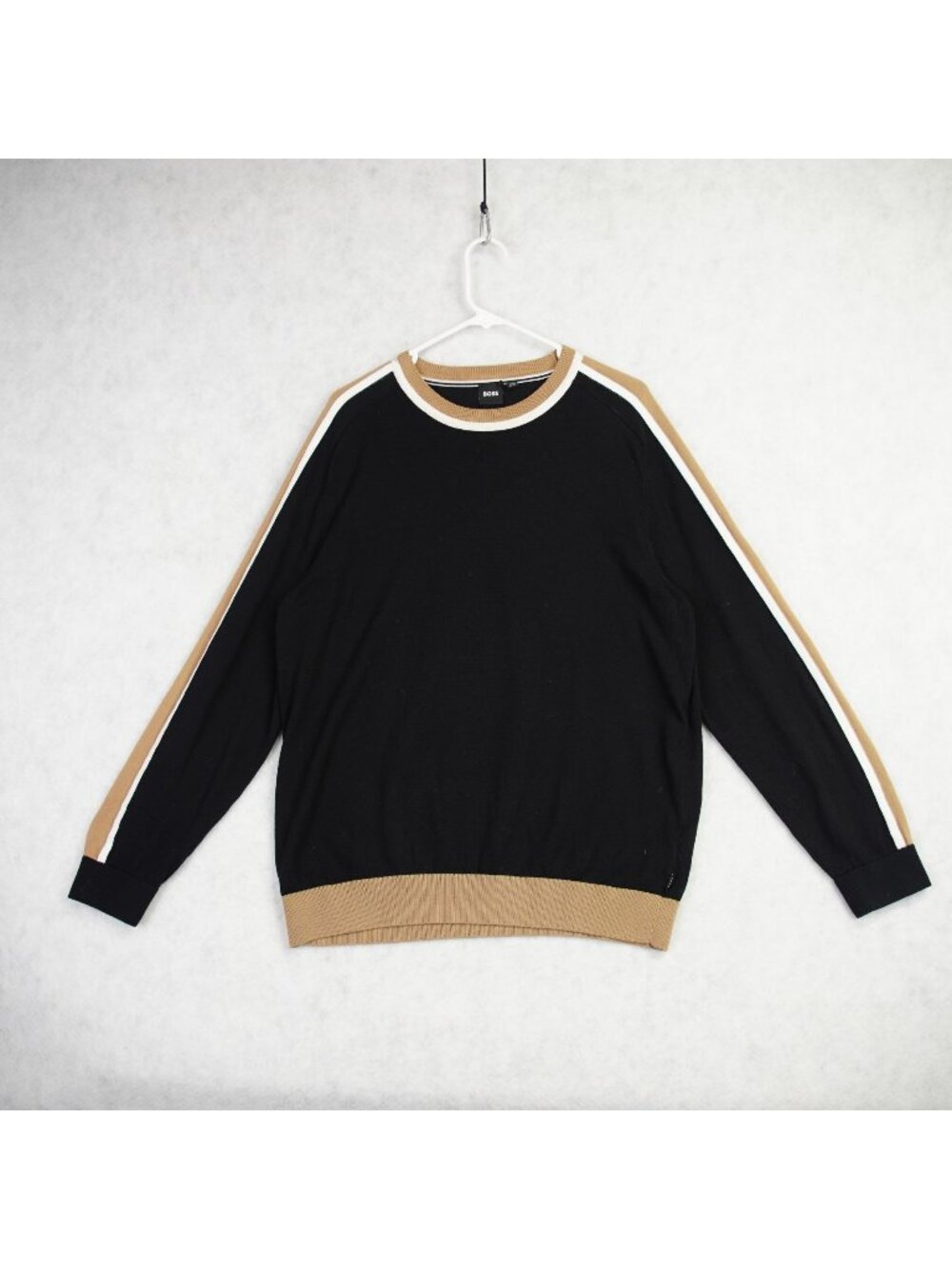 Boss Mens Gabbano Crewneck Pullover Sweater Sz XL Tan & White Stripe Accents